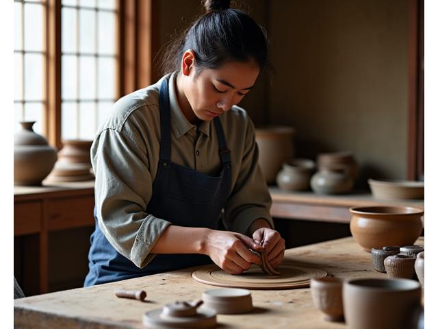 歴史ある陶器工房で職人が粘土をこねる様子